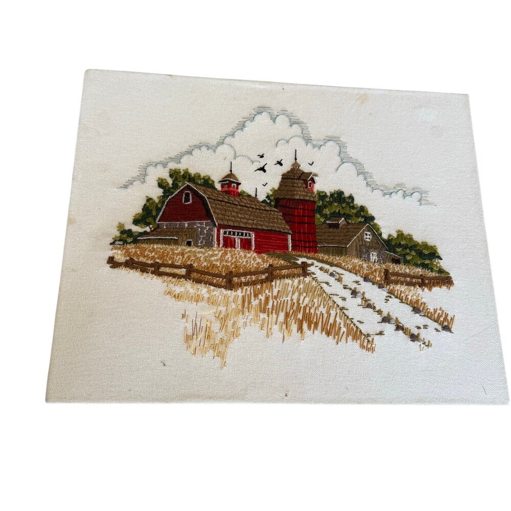1970'S VINTAGE Unframed Crewel Embroidered Barn w/ Fence Farm Art 16x20